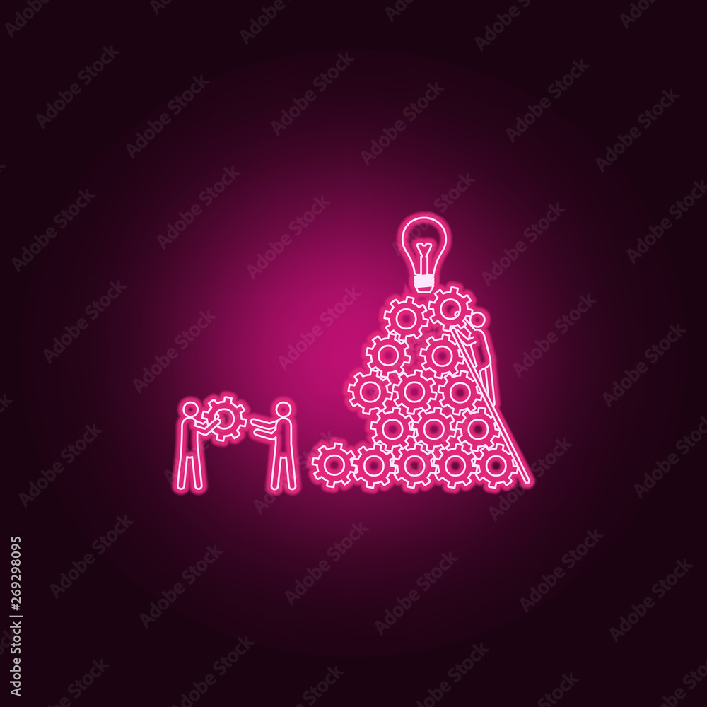 Poster the team collects the gears to idea neon icon. elements of team work set. simple icon for websites, 