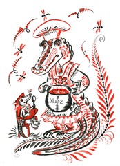 Mother crocodile cooked soup to the son in Khokhloma style