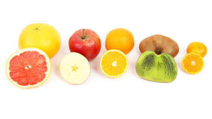 Fototapeta na wymiar different fruit whole and sliced on white background