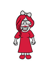 nerd girl kleid mädchen frau weiblich haare zahnspange schleife hornbrille brille symbol geek schlau freak intelligent computer gamer lernen außenseiter einzelgänger computerfreak hacker design