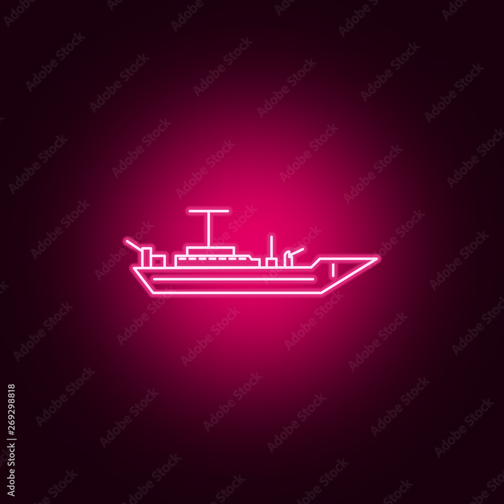 Poster battleship line neon icon. elements of transport set. simple icon for websites, web design, mobile a