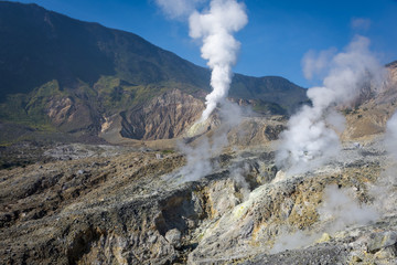 A landscape of rocky track on mount Papandayan that challenging for the hiker. The most active...