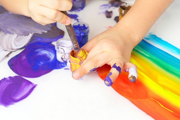 child's hand draw painting colors on a white background.