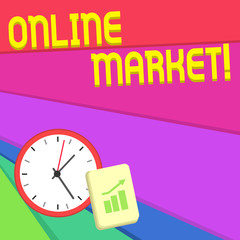 Obraz premium Text sign showing Online Market. Business photo text practice of leveraging webbased channels to sell a product Layout Wall Clock Notepad with Escalating Bar Graph and Arrow Pointing Up
