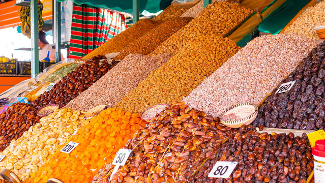 Dry Fruits Arabian Market In Muslim Ramadan Style. Healthy Vegetarian Food. Muslim Religion. Marocco Marrakech