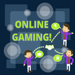 Writing note showing Online Gaming. Business concept for action or practice of playing video games on the internet Businessmen Coworker Conference Call Discussion Mobile Phone