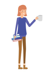 woman with books and cup of coffee in white background