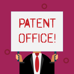Writing note showing Patent Office. Business concept for a government office that makes decisions about giving patents