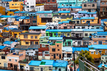 The brightly colored buildings of the Busan Gamcheon Culture village, an art district in Busan, South Korea