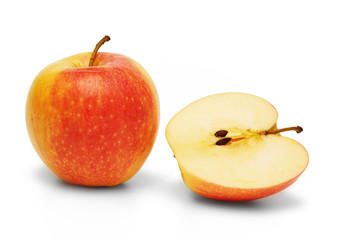 Whole apple and a half on white background, isolated, closeup
