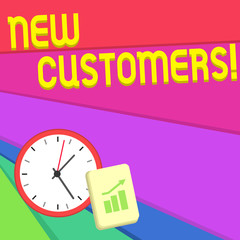 Text sign showing New Customers. Business photo text an entity that has not previously purchased one s is goods Layout Wall Clock Notepad with Escalating Bar Graph and Arrow Pointing Up