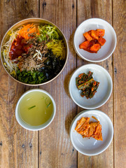 Traditional Korean bibimbap, a dish of rice, meat and vegetables, served in a hot stone bowl, in the town of Jeonju in South Korea