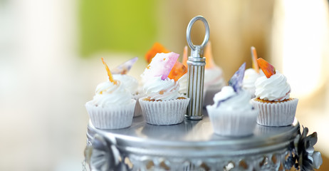Delicious colorful wedding cupcakes with flower and butterfly and beautiful glazed cake.