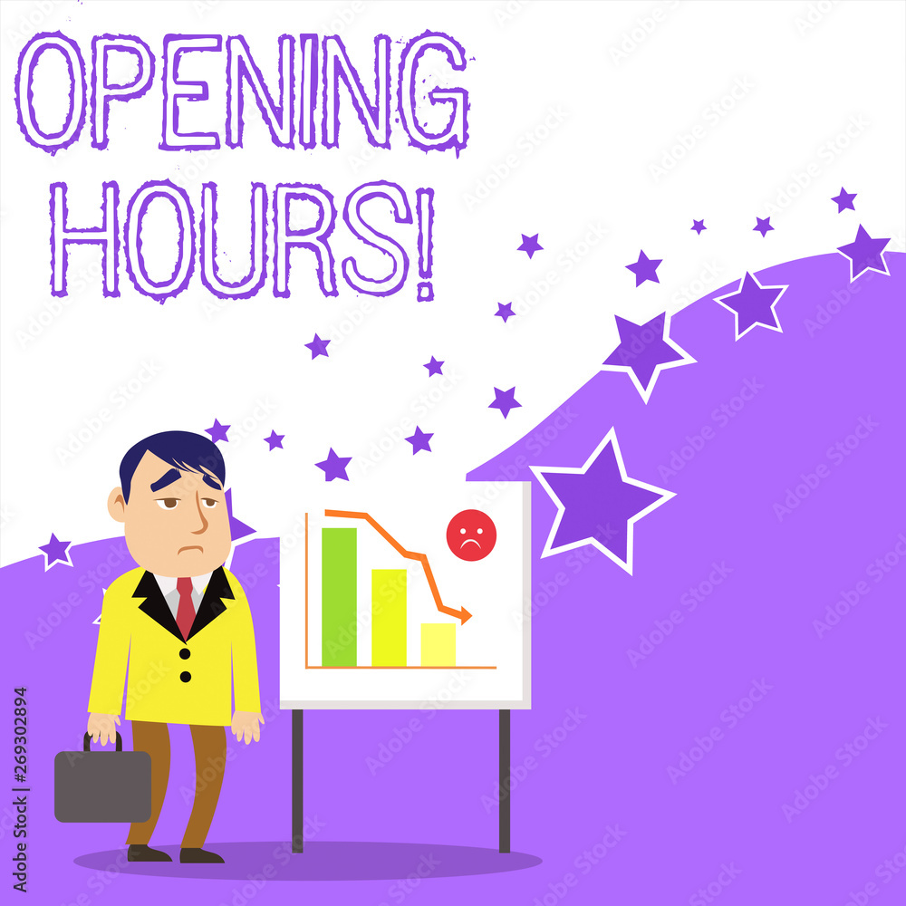 Poster text sign showing opening hours. business photo showcasing the time during which a business is open 