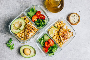 Grilled chicken and fresh vegetable salad. Healthy diet food concept. On a light background, top view