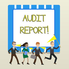 Word writing text Audit Report. Business photo showcasing Written opinion of an auditor about companys financial status People Crowd Flags Pennants Headed by Leader Running Demonstration Meeting
