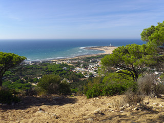 Aerial view of seascape with beach of Canos de Meca and Lighthouse
