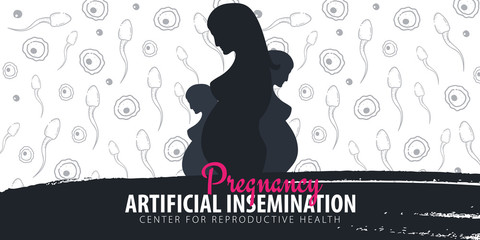 Pregnancy woman banner. In vitro fertilization. Artificial insemination. Hand draw sketch background with moving spermatozoons and female egg.