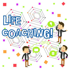 Handwriting text writing Life Coaching. Conceptual photo a demonstrating employed to help showing attain their goals in life Businessmen Coworkers Conference Call Conversation Discussion Mobile Phones