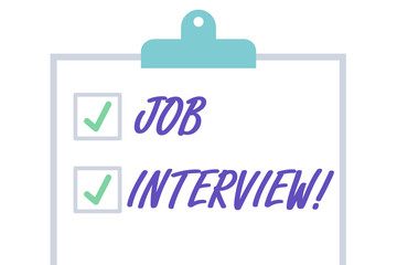 Handwriting text Job Interview. Conceptual photo meeting in which an employer asks the applicant about the job Isolated Blank Vertical Clipboard with Two Check Boxes and Green Ticks