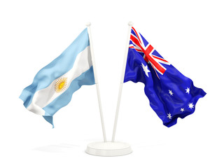 Two waving flags of Argentina and australia isolated on white