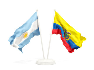 Two waving flags of Argentina and ecuador isolated on white