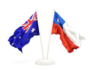 Fototapeta premium Two waving flags of Australia and chile isolated on white