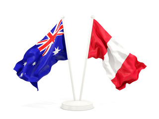 Two waving flags of Australia and peru isolated on white