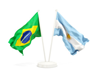 Two waving flags of Brazil and argentinaisolated on white