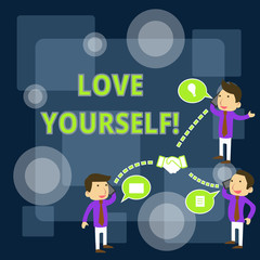 Writing note showing Love Yourself. Business concept for have selfrespect and the unconditional selfacceptance Businessmen Coworker Conference Call Discussion Mobile Phone