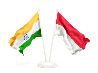 Two waving flags of India and indonesia isolated on white