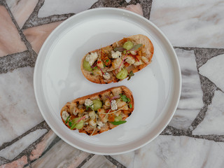 Delicious bruschetta with a variety of fillings.