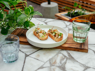 Delicious bruschetta with a variety of fillings.