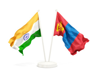 Two waving flags of India and mongolia isolated on white