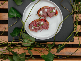 Delicious bruschetta with a variety of fillings.