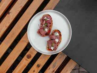 Delicious bruschetta with a variety of fillings.