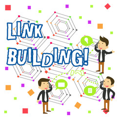 Handwriting text writing Link Building. Conceptual photo process of acquiring hyperlinks from other website to your own Businessmen Coworkers Conference Call Conversation Discussion Mobile Phones