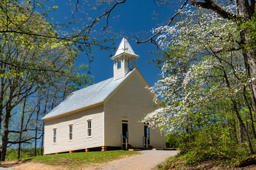 Little white church in the Smokies surrounded with Dogwood blooms. - 269308291