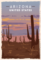 Arizona desert retro poster. USA Arizona travel illustration.