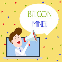 Word writing text Bitcoin Mine. Business photo showcasing Processing of transactions in the digital currency system Man Speaking Through Laptop into Loudhailer Blank Speech Bubble Announce
