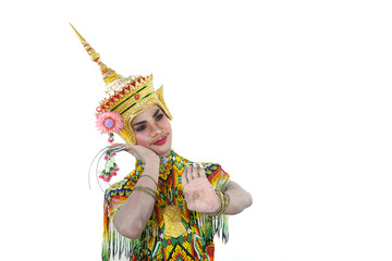 An isolated image of the actor Manohra is dancing. Manohra is a famous folk dance performance in southern Thailand.