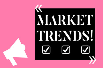 Text sign showing Market Trends. Business photo text Changes and developments in buying and selling in the market Isolated Megaphone Pointing Upward to Empty Text Box in Quotation Marks