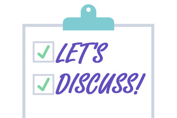 Handwriting text Let S Is Discuss. Conceptual photo Means showing to work or brainstorm together as a group Isolated Blank Vertical Clipboard with Two Check Boxes and Green Ticks