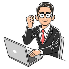 パソコンを操作する眼鏡をかけたビジネスマンガッツポーズする