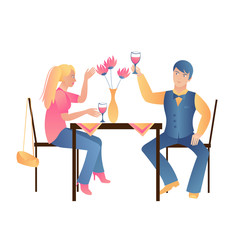Young lovers man and woman drink rose wine at a table in a cafe. Romantic couple girlfriend and boyfriend have dinner in a restaurant. Gentle pastel colors,flat vector illustration on white background