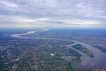 Aerial view of the skyline of the city of Philadelphia and the surrounding areas in Pennsylvania, United States