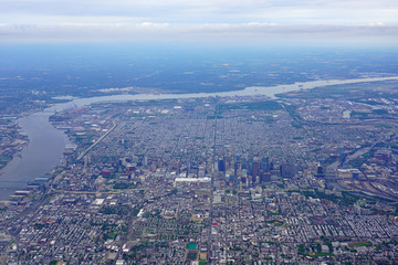 Aerial view of the skyline of the city of Philadelphia and the surrounding areas in Pennsylvania, United States