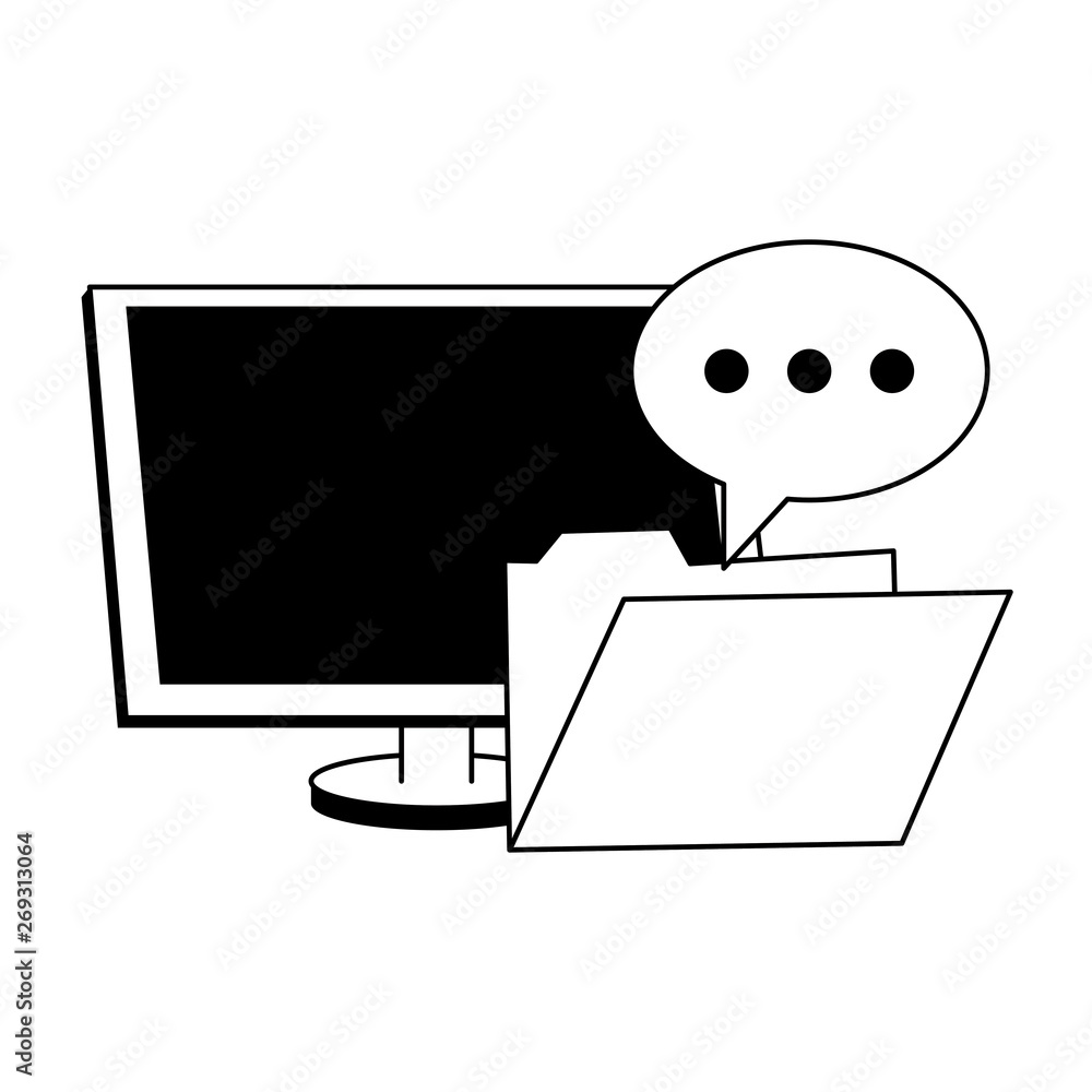 Poster computer and folder with chat bubble in black and white