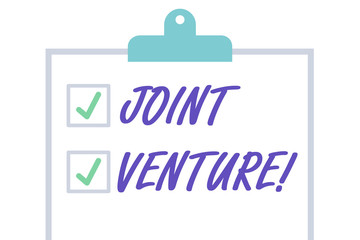 Handwriting text Joint Venture. Conceptual photo New firm formed to achieve exact objectives of a partnership Isolated Blank Vertical Clipboard with Two Check Boxes and Green Ticks