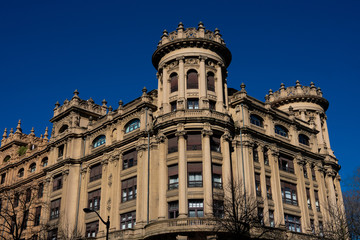 Fototapeta na wymiar Old building facade on Diego Lopez de Haro Avenue. Bilbao, Spain